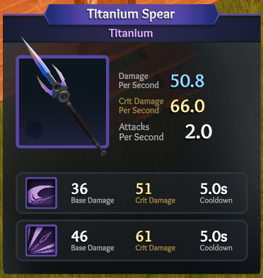 Titanium Spear illustrate the attributes of a spear in Len's Island